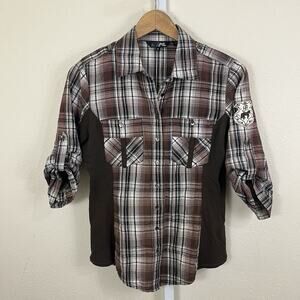 Goode Rider Plaid Button Down Shirt Women’s Medium Equestrian Roll Tab Brown
